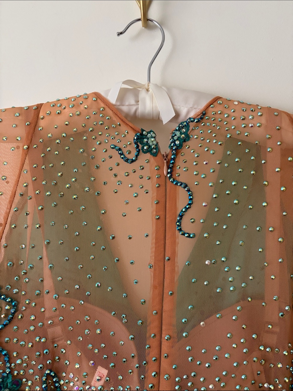 Turquoise Long Sleeve Ballroom Dress with Nude Illusion and Crystal Trim - Picture 3 of 11